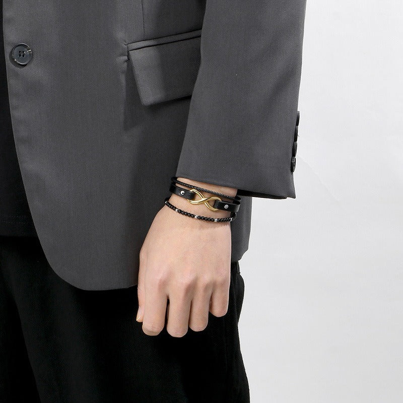 Kemstone Layered Leather Beaded Infinity Bracelet for Men Stainless Steel Clasp Wristband KB180750-JR