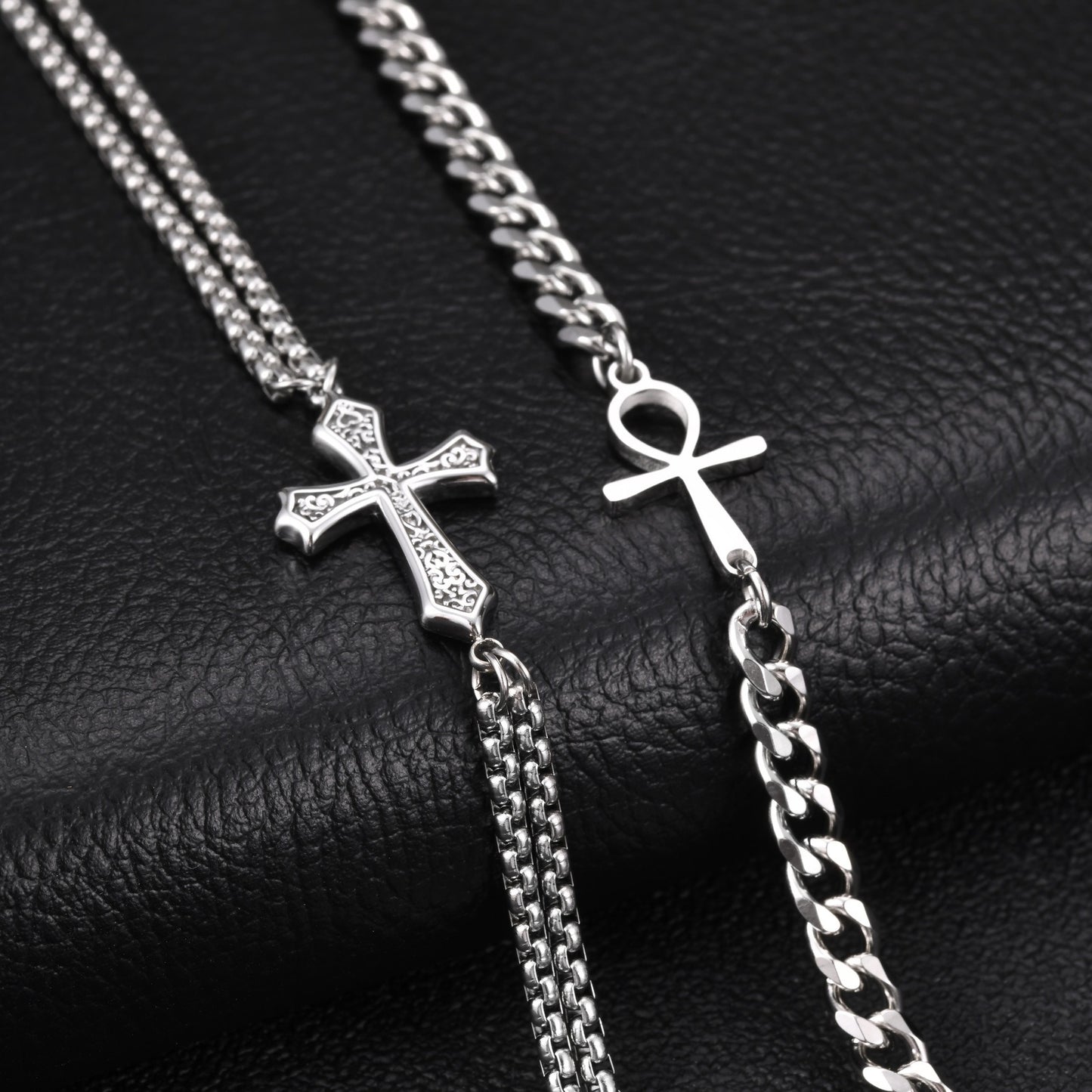 Kemstone Dual Chain Cross Bracelet for Men Stainless Steel Minimal Hip Hop Layered Wristwear BR3122
