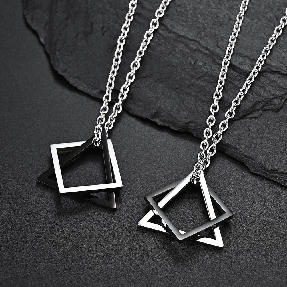 Kemstone Stainless Steel Square Triangle Pendant Necklace for Men Women Layered Black Silver K-PT261