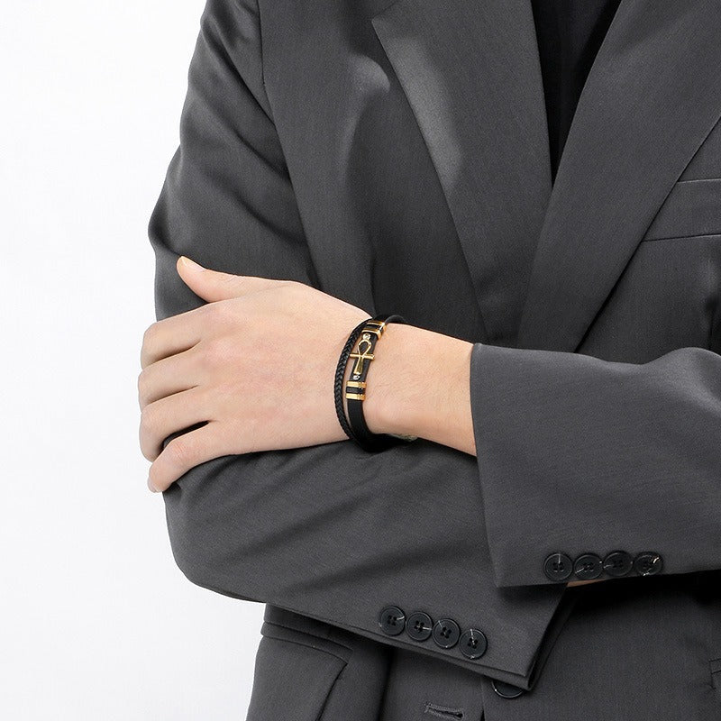 Kemstone Layered Leather Bracelet for Men Stainless Steel Cross Detail KB180738-JR