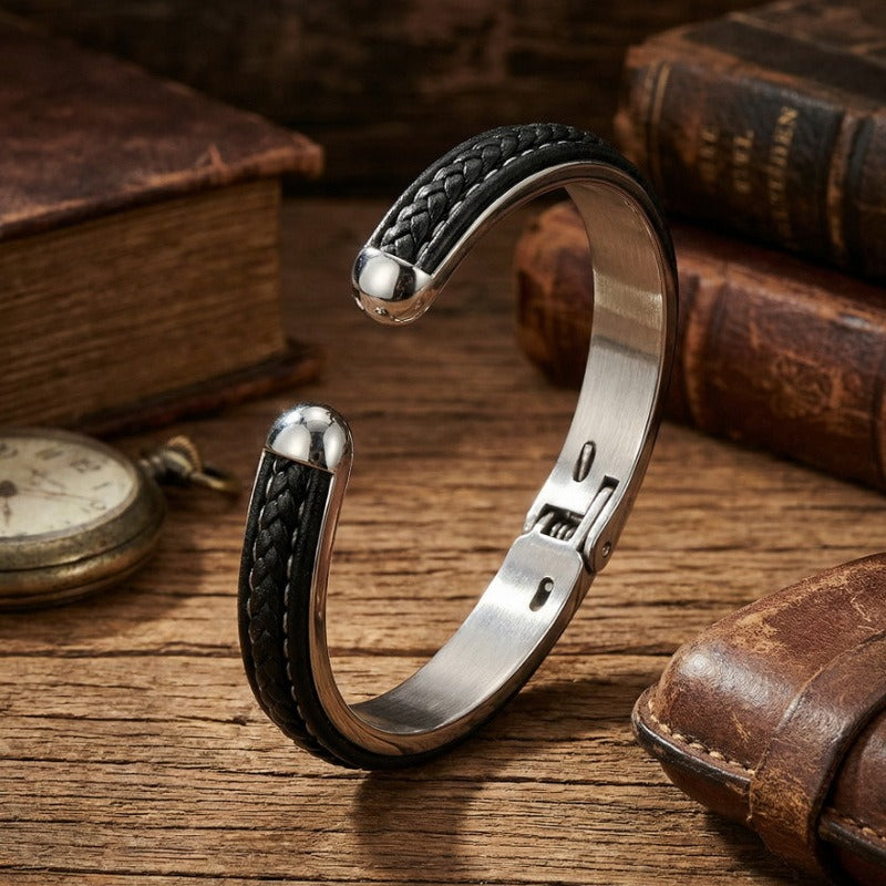 Kemstone Stainless Steel Braided Leather Open Cuff Bracelet for Men Minimalist Casual Wrist Bangle KB97554-BD