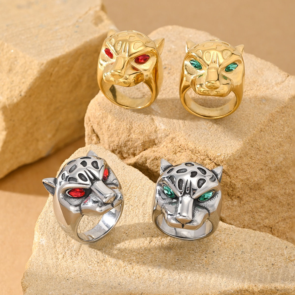 Kemston Leopard Head Ring for Men Stainless Steel Red Green Cubic Zirconia Stone Eyes TR0533