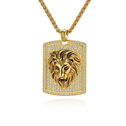 Kemstone Stainless Steel Lion Head Pendant Necklace for Men Iced Rhinestone Tag K-PT718