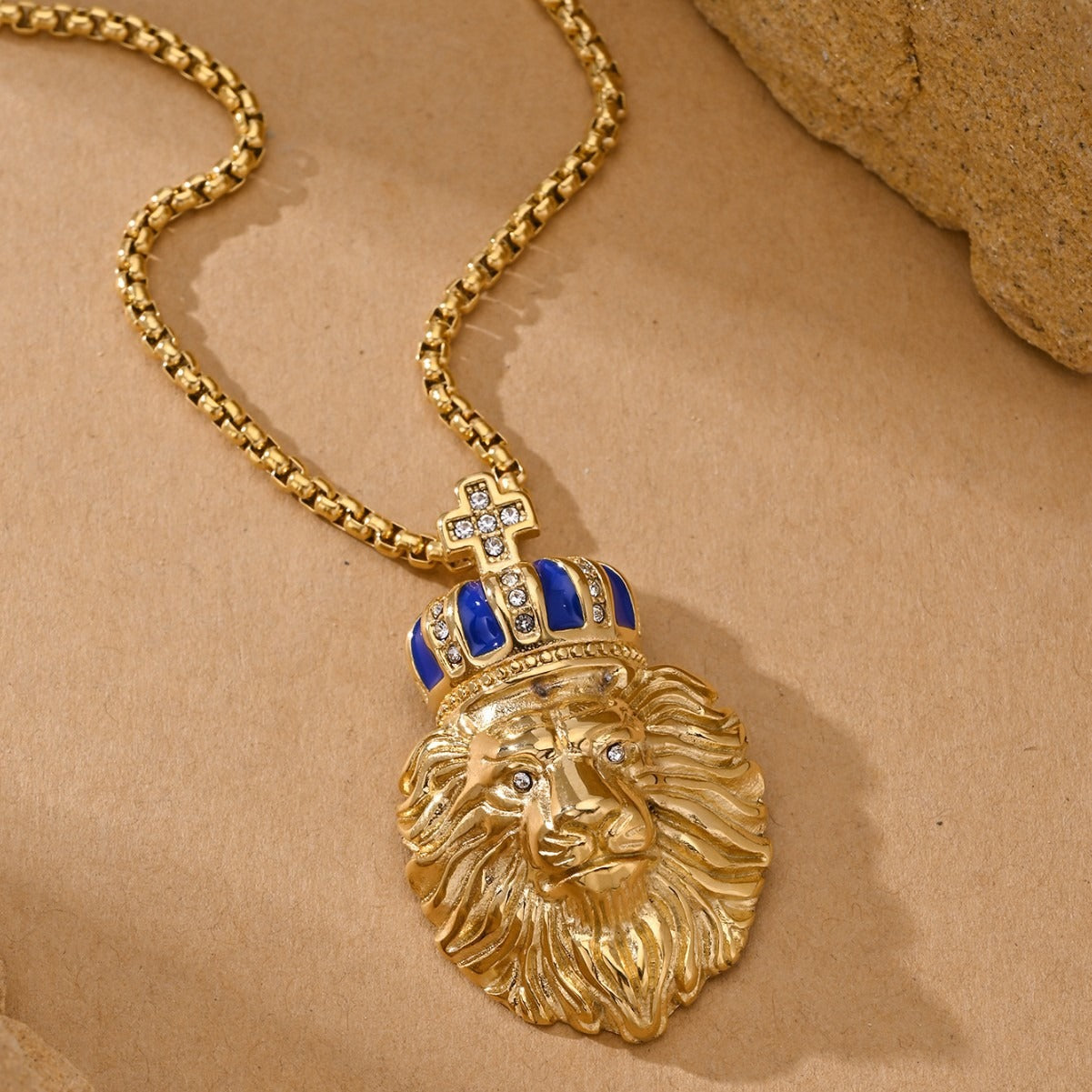 Kemston Crown Lion Pendant Necklace for Men Stainless Steel Blue Enamel Vintage Style TN1239