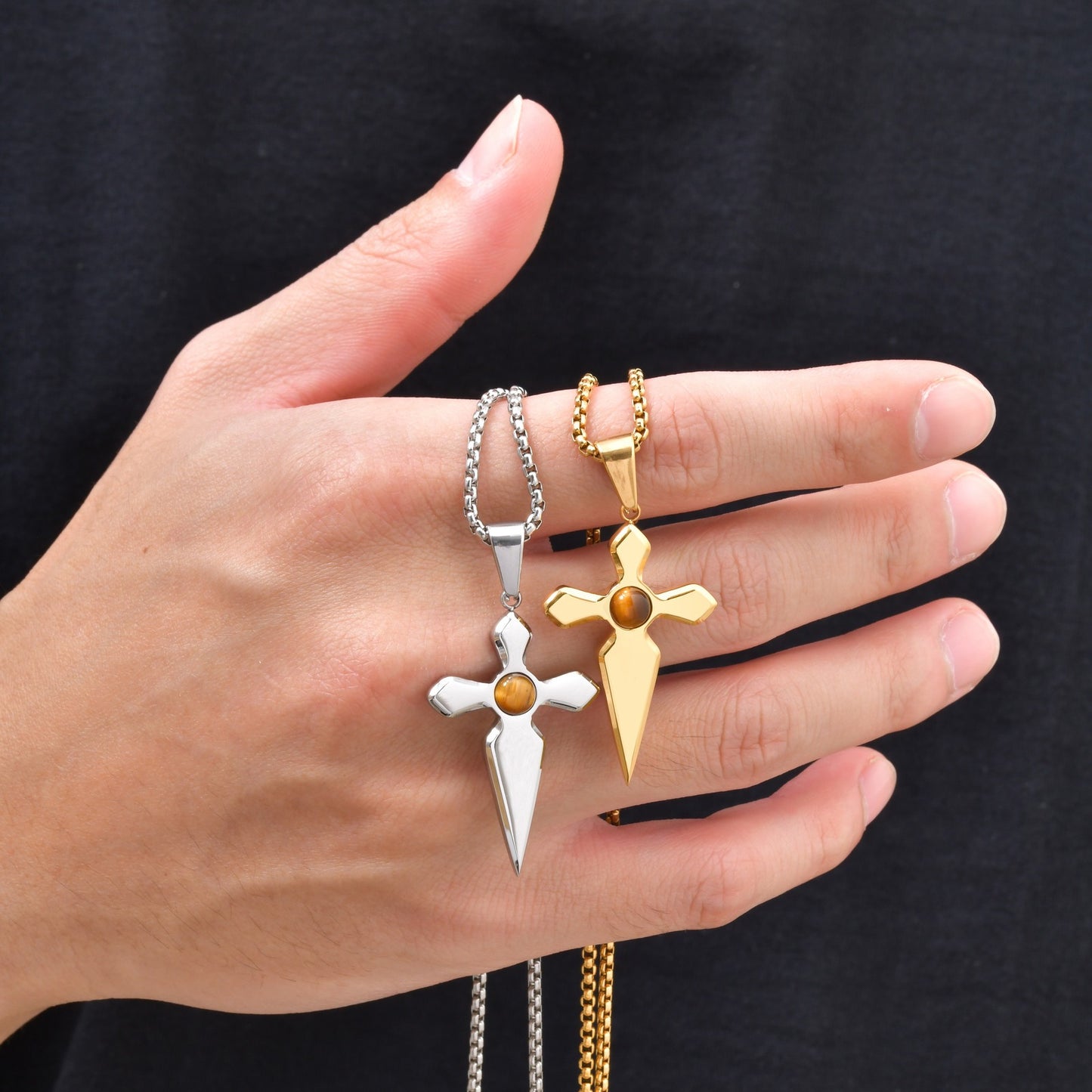 Kemstone Stainless Steel Tiger Eye Cross Pendant Necklace for Men PN-2287