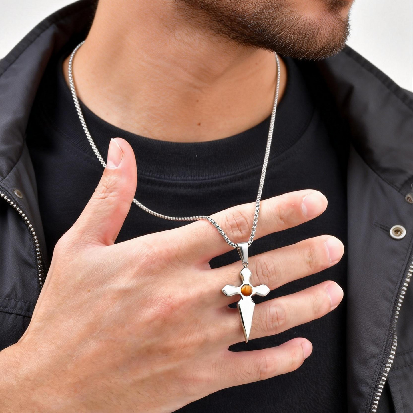 Kemstone Stainless Steel Tiger Eye Cross Pendant Necklace for Men PN-2287