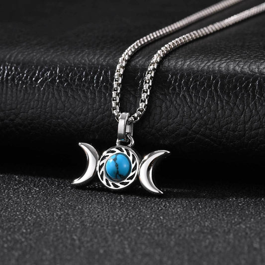 Kemston Stainless Steel Moon Pendant Necklace for Men Double Crescent Blue Stone Detail PN-2360