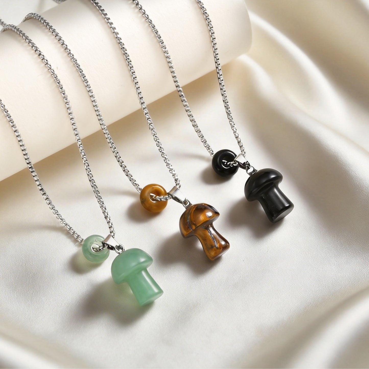 Kemstone Mushroom Pendant Necklace Natural Stone Stainless Steel for Men Women Aventurine Tiger Eye Obsidian NC2875