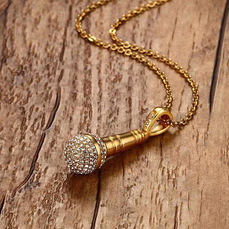 Kemstone Stainless Steel Microphone Pendant Necklace for Men Women Gold Plated PN-729