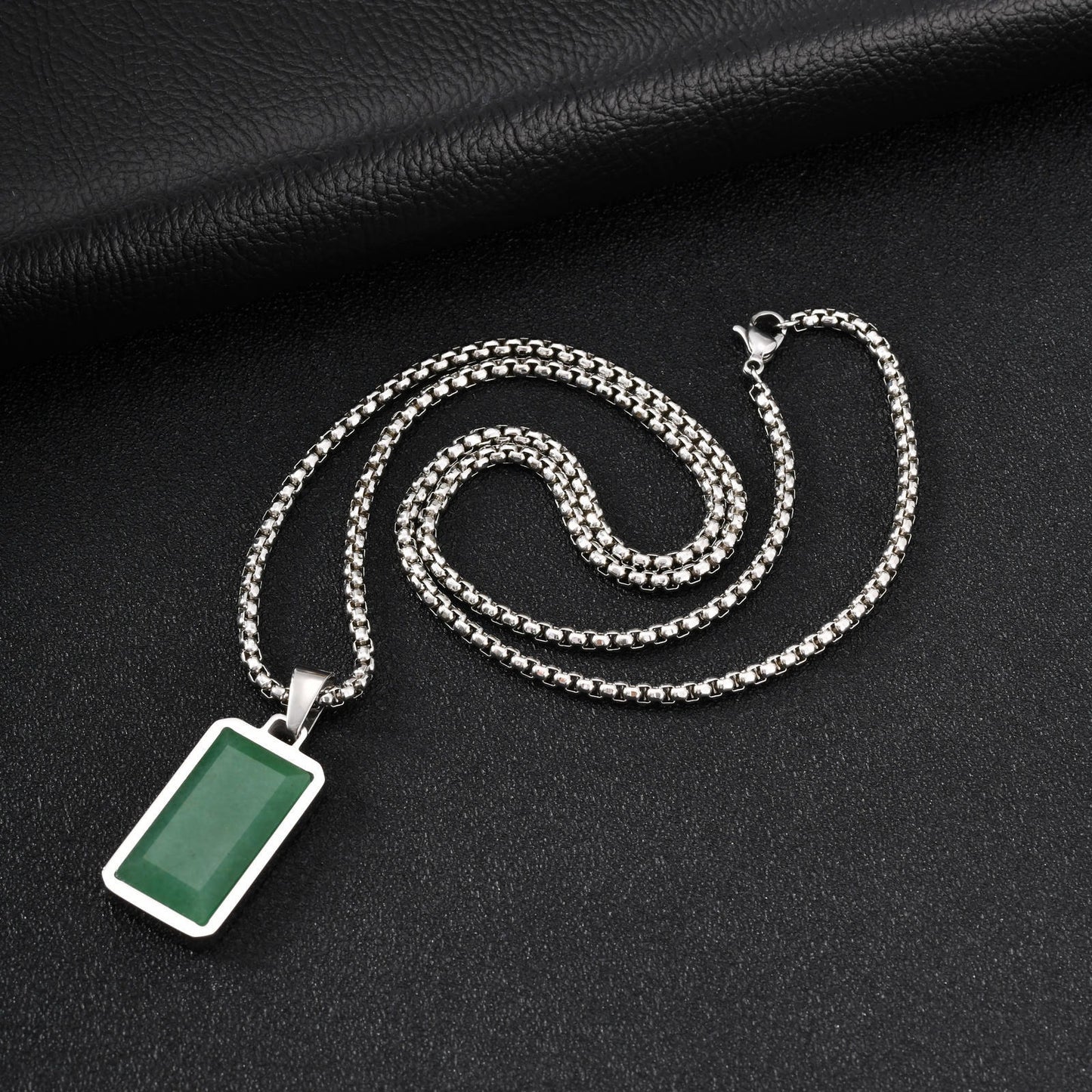 Kemstone Green Stone Pendant Necklace Stainless Steel Rectangular Minimalist Necklace for Men PN-2259