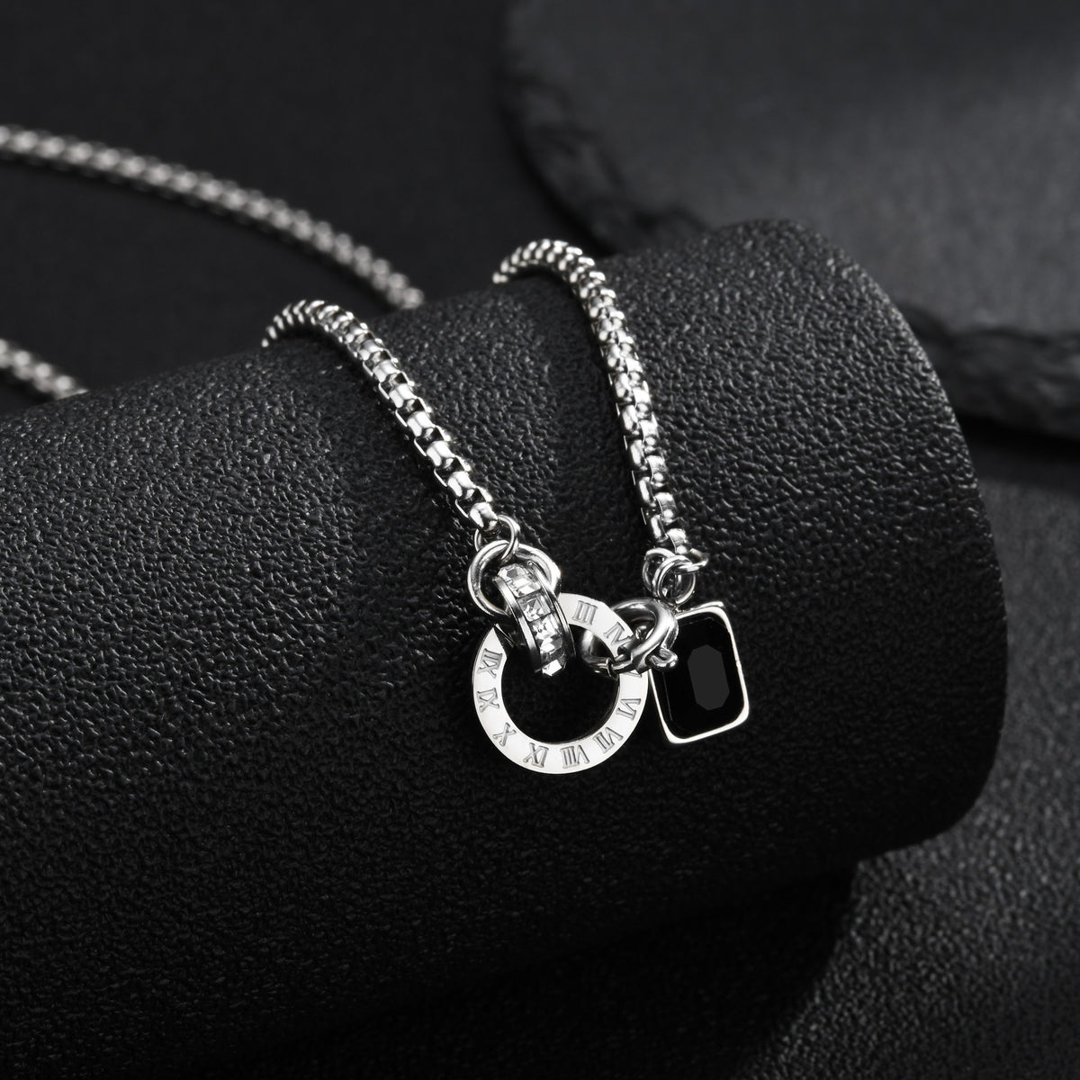 Kemstone Roman Numeral Necklace for Men Black Crystal NC-3254