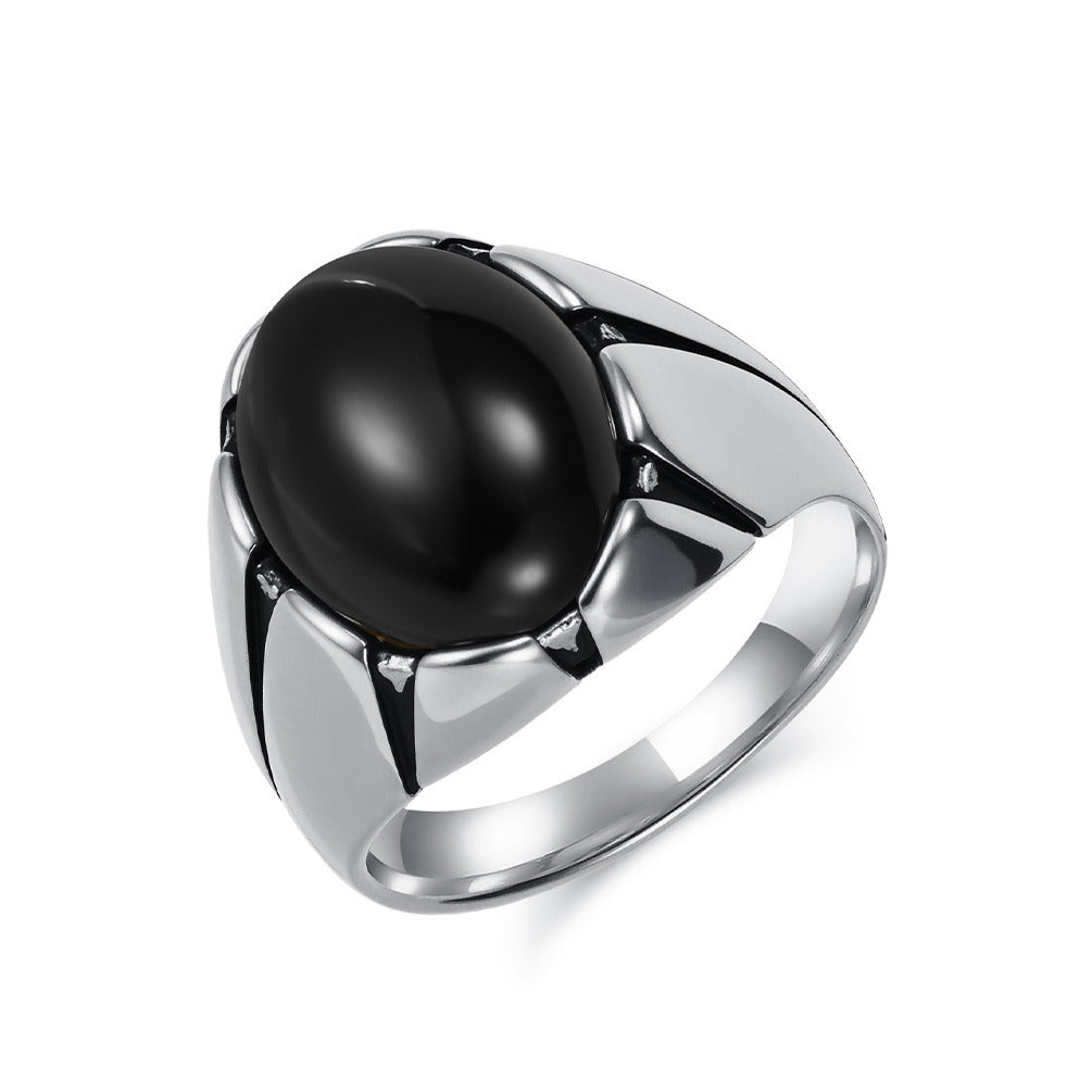 Kemstone Men’s Stainless Steel Oval Stone Ring – Black Stone & Tiger Eye K-R999