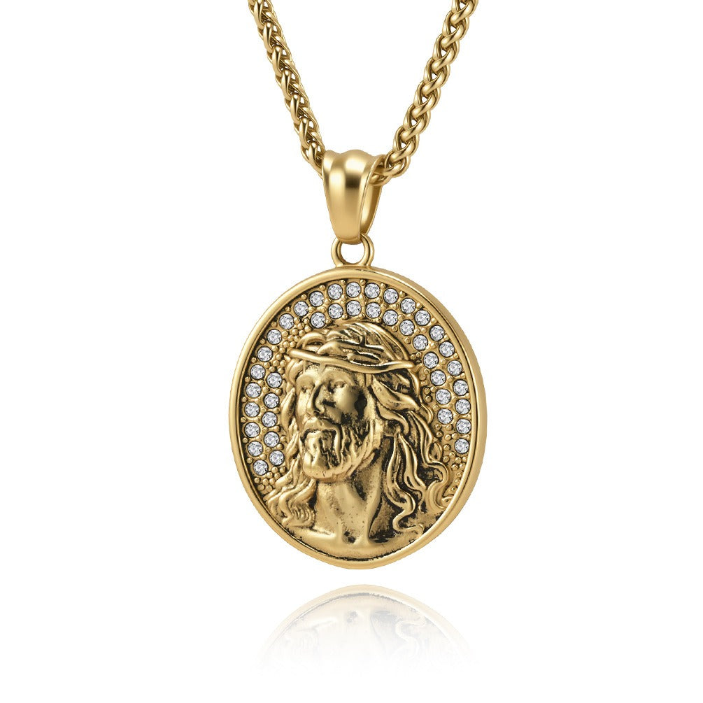 Kemston Stainless Steel Oval Portrait Pendant Necklace for Men Vintage Thorn Detail K-PT730