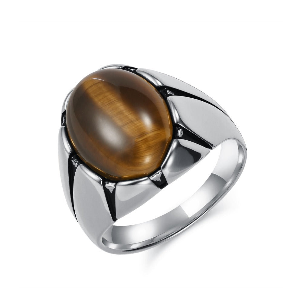 Kemstone Men’s Stainless Steel Oval Stone Ring – Black Stone & Tiger Eye K-R999