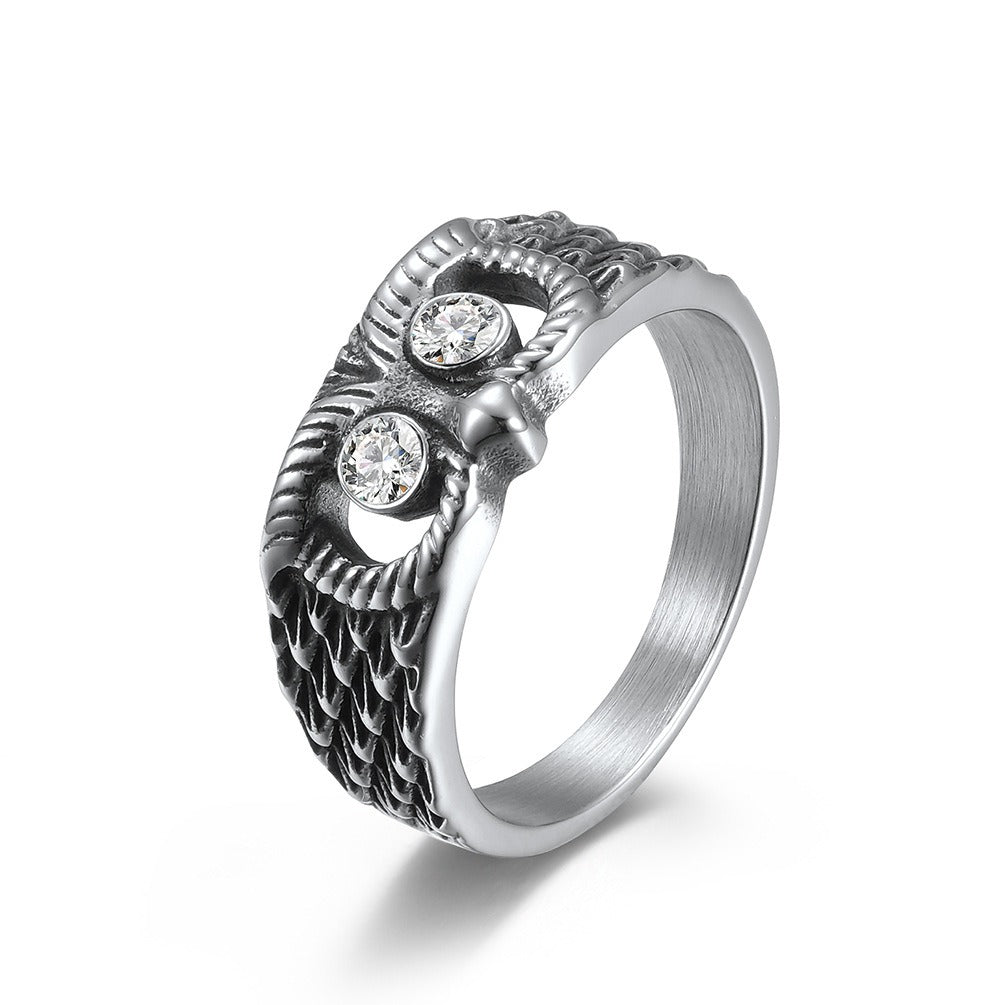 Kemstone Stainless Steel Owl Ring – Vintage Finish Animal Band with Cubic Zirconia Eyes for Men & Women K-R625