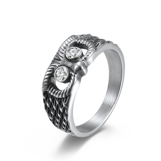 Kemstone Stainless Steel Owl Ring – Vintage Finish Animal Band with Cubic Zirconia Eyes for Men & Women K-R625