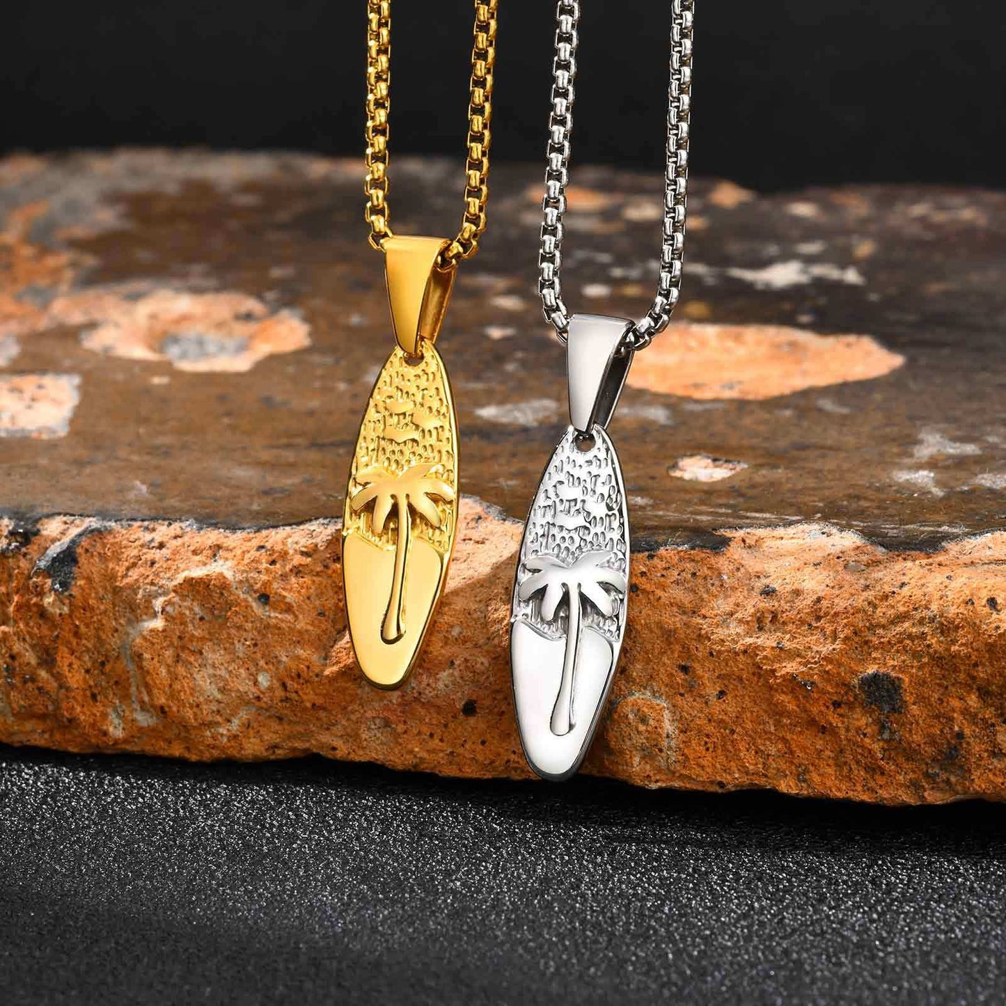 Kemstone Men’s Stainless Steel Palm Tree Necklace – Gold/Silver Oval Pendant PN-2159