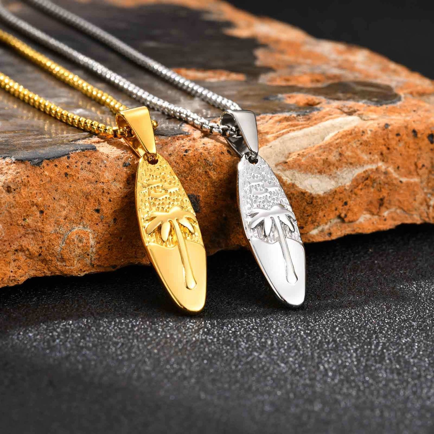 Kemstone Men’s Stainless Steel Palm Tree Necklace – Gold/Silver Oval Pendant PN-2159