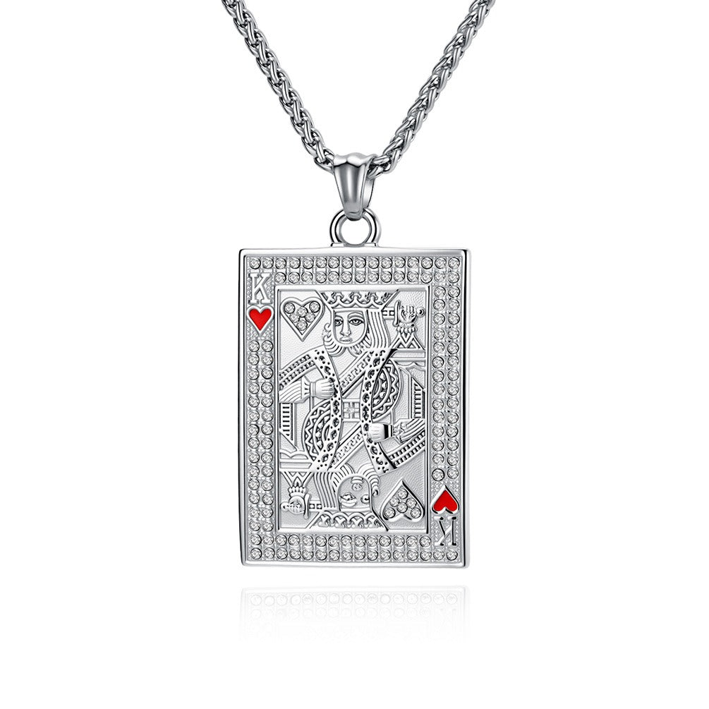 Kemstone Stainless Steel Playing Card Pendant Necklace for Men Women Iced Heart King K-PT719