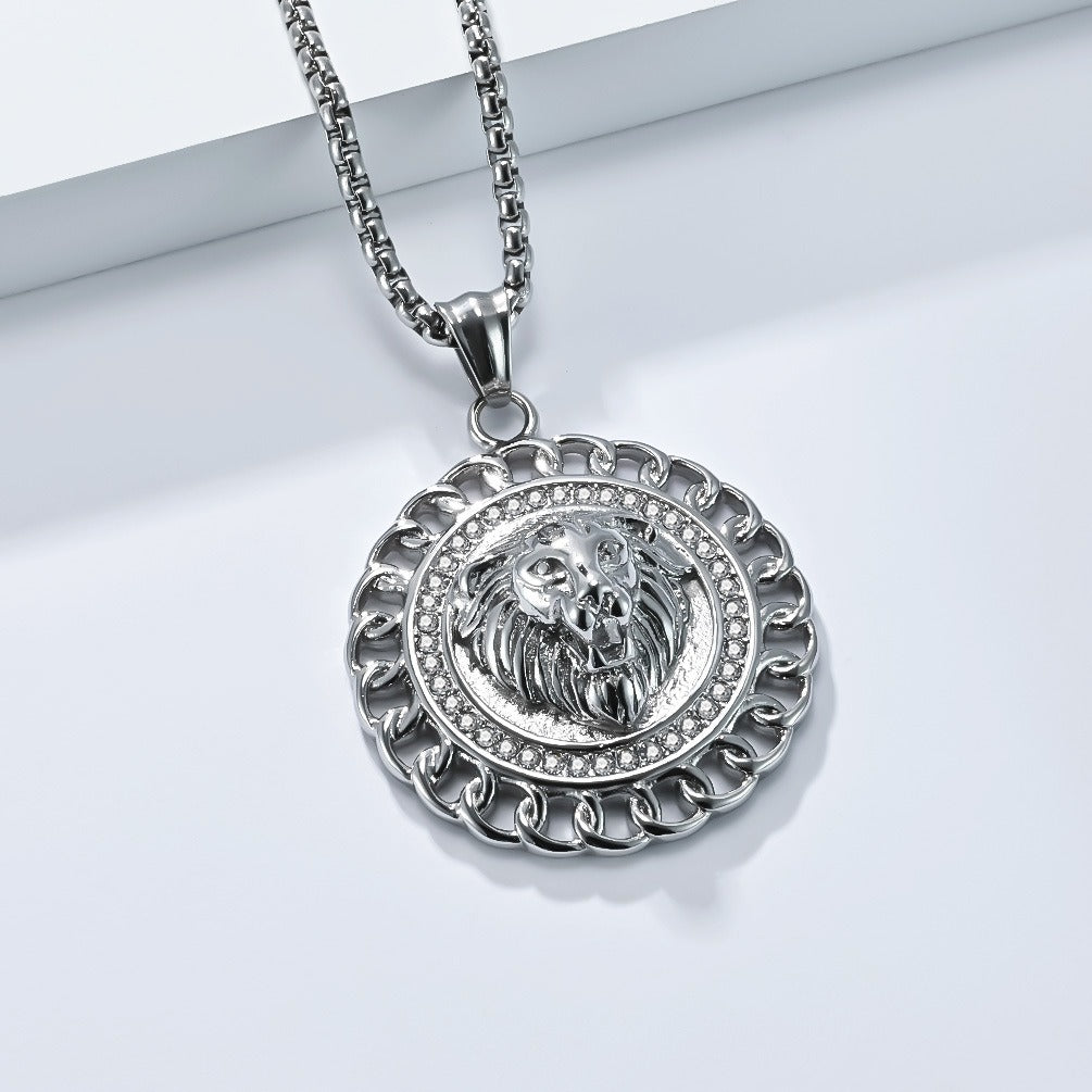 Kemstone Stainless Steel Lion Medallion Pendant Necklace for Men Gothic Vintage Animal Chain K-PT624