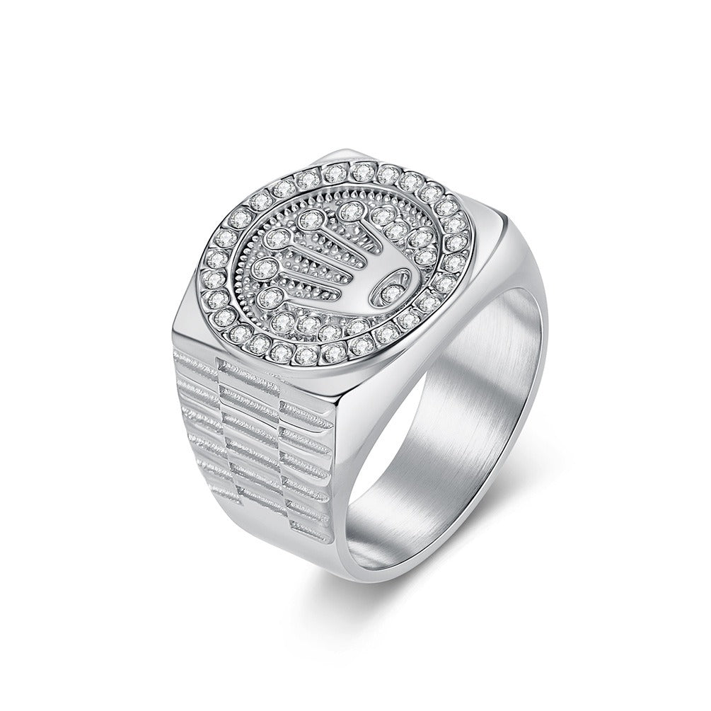 Kemston Crown Signet Ring for Men Stainless Steel Hip Hop Iced Out Band K-R1080