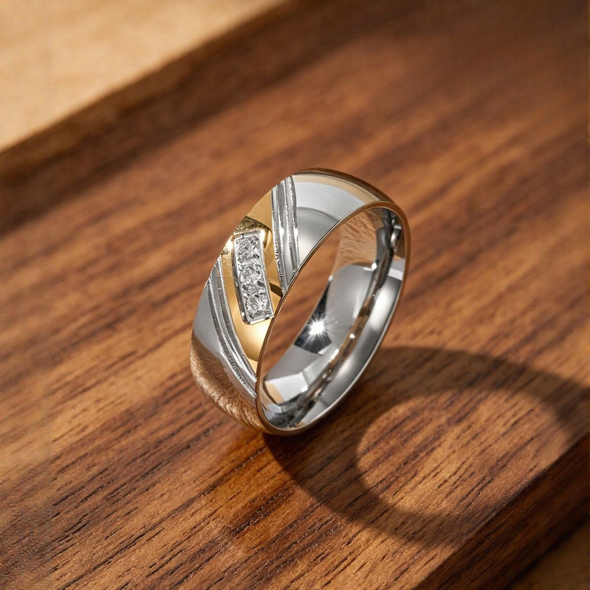 Kemstone Stainless Steel Two Tone Cubic Zirconia Ring for Men Silver Gold TR0422