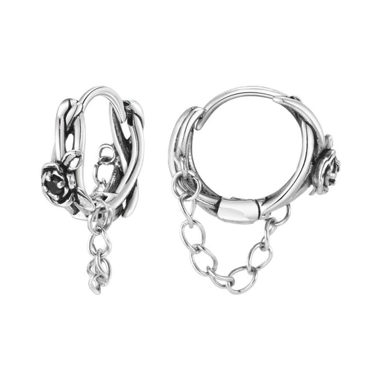 Kemstone Stainless Steel Rose Chain Hoop Earring – Black Cubic Zirconia Detail for Men EH-686