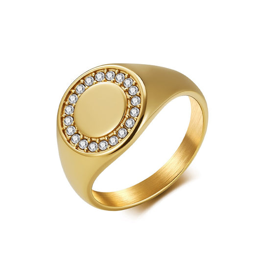 Kemstone Stainless Steel Round Signet Ring with Cubic Zirconia Halo for Men & Women Gold Silver K-R1137