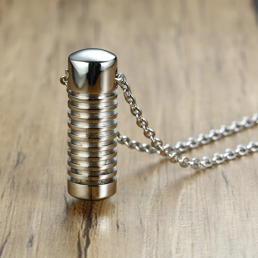 Kemston Screw Cylinder Memorial Pendant Necklace for Men Stainless Steel Keepsake Design PN-1135S