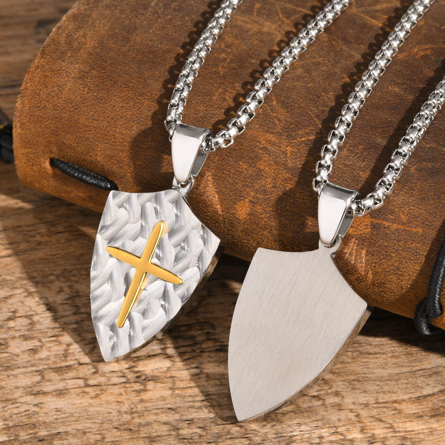 Kemstone Shield Cross Titanium Steel Pendant Necklace for Men – Brushed Relief Texture PN-2087