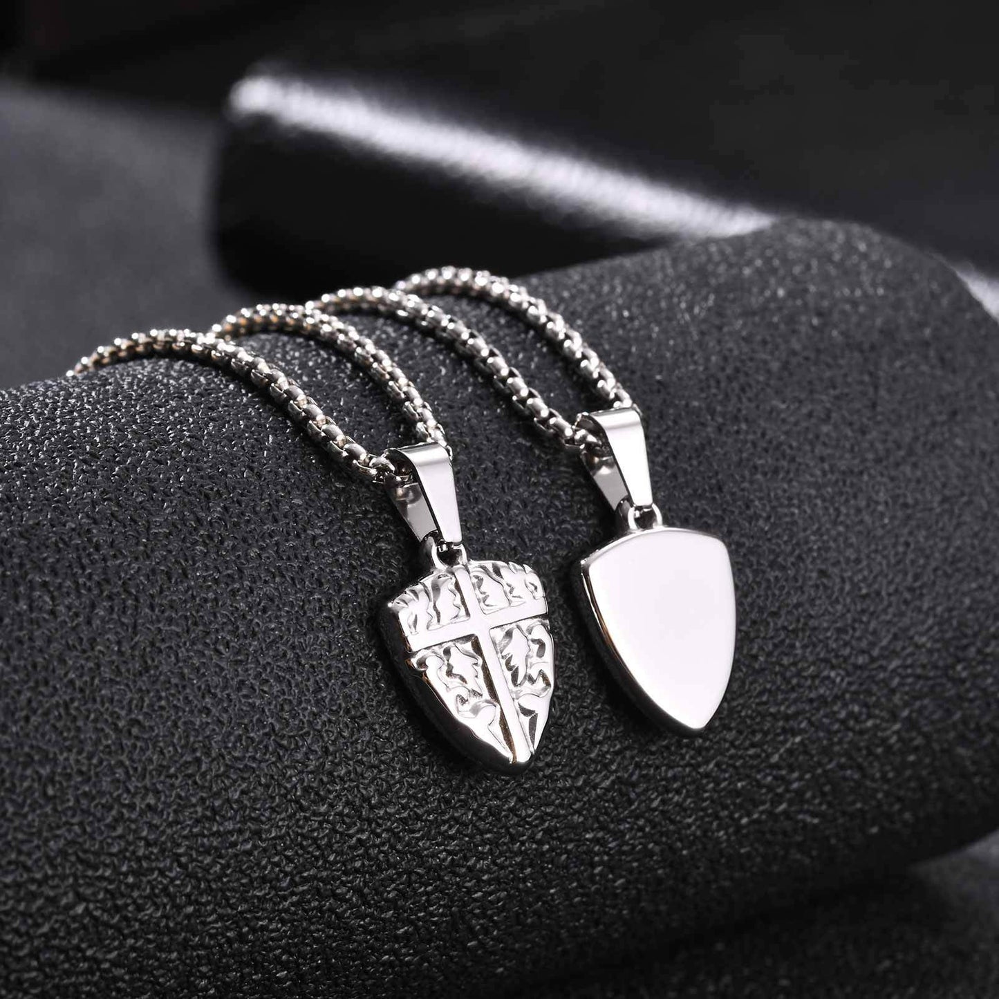 Kemston Stainless Steel Shield Cross Pendant Necklace for Men Carved Design PN-2425