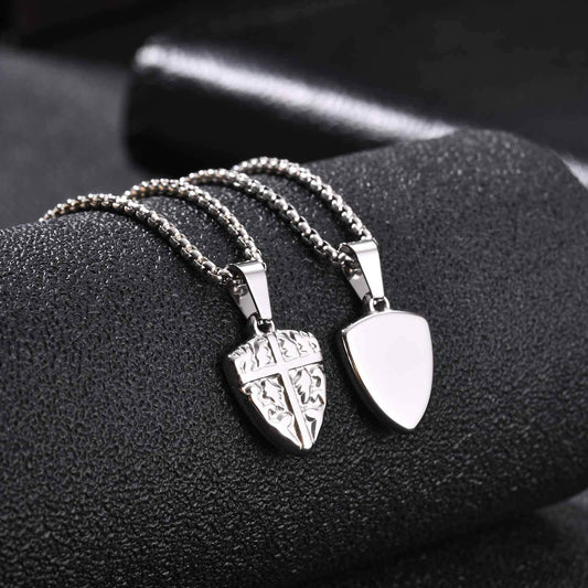 Kemston Stainless Steel Shield Cross Pendant Necklace for Men Carved Design PN-2425