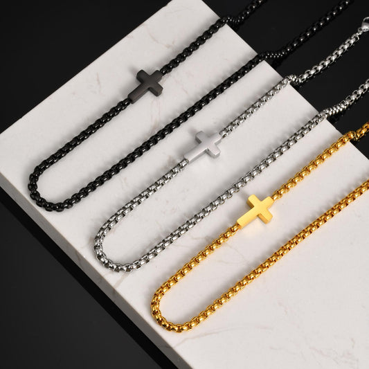 Kemstone Men’s Stainless Steel Cross Pendant Necklace Side Hanging NC-1892