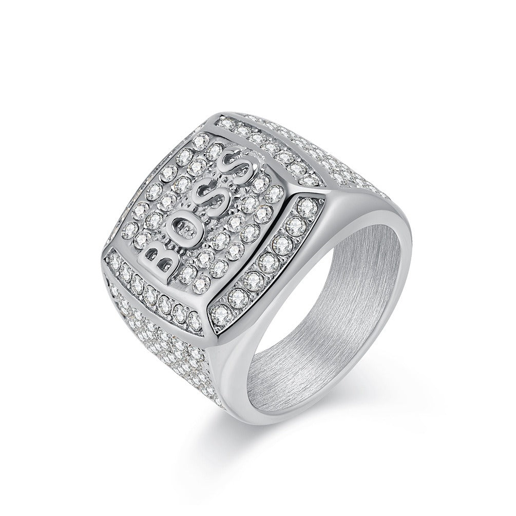 Kemstone Signet Ring for Men Stainless Steel Letter Cubic Zirconia Silver Gold K-R936