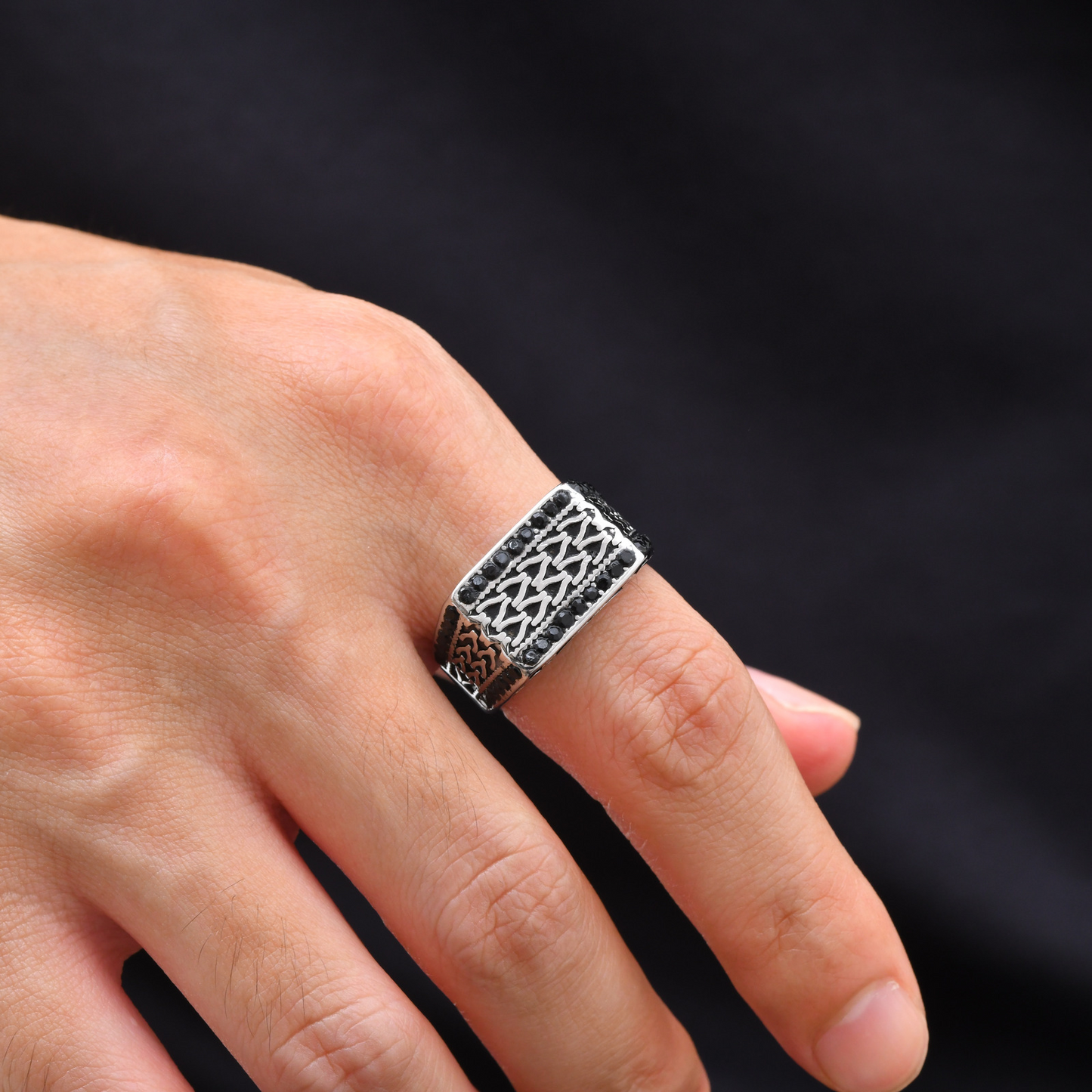 Kemston Stainless Steel Woven Chain Signet Ring for Men Black Cubic Zirconia Inlay Vintage RC-1134