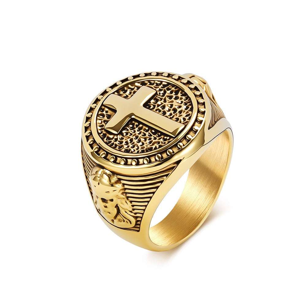 Kemstone Titanium Steel Cross Medallion Ring for Men Two Tone Round Signet Vintage Style Silver Gold Black K-R1140