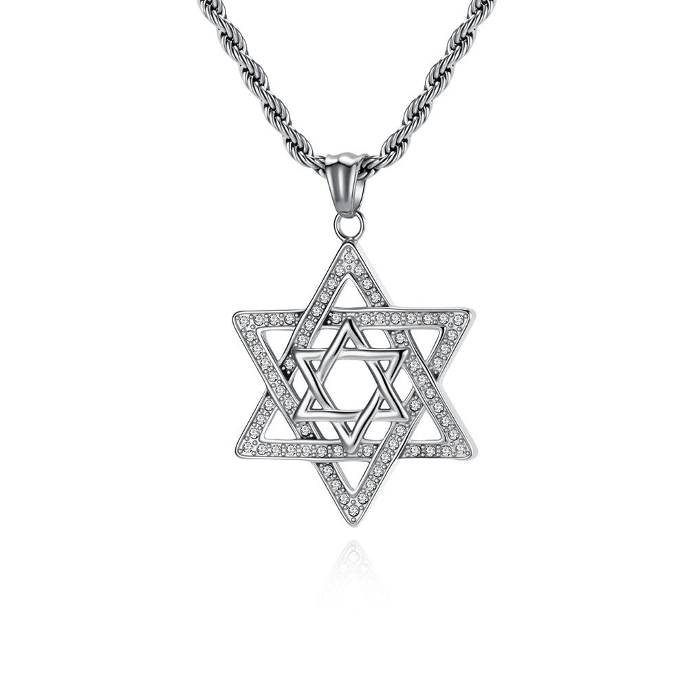 Kemstone Stainless Steel Six-Point Star Pendant Necklace – Rhinestone Hip Hop Style K-PT685