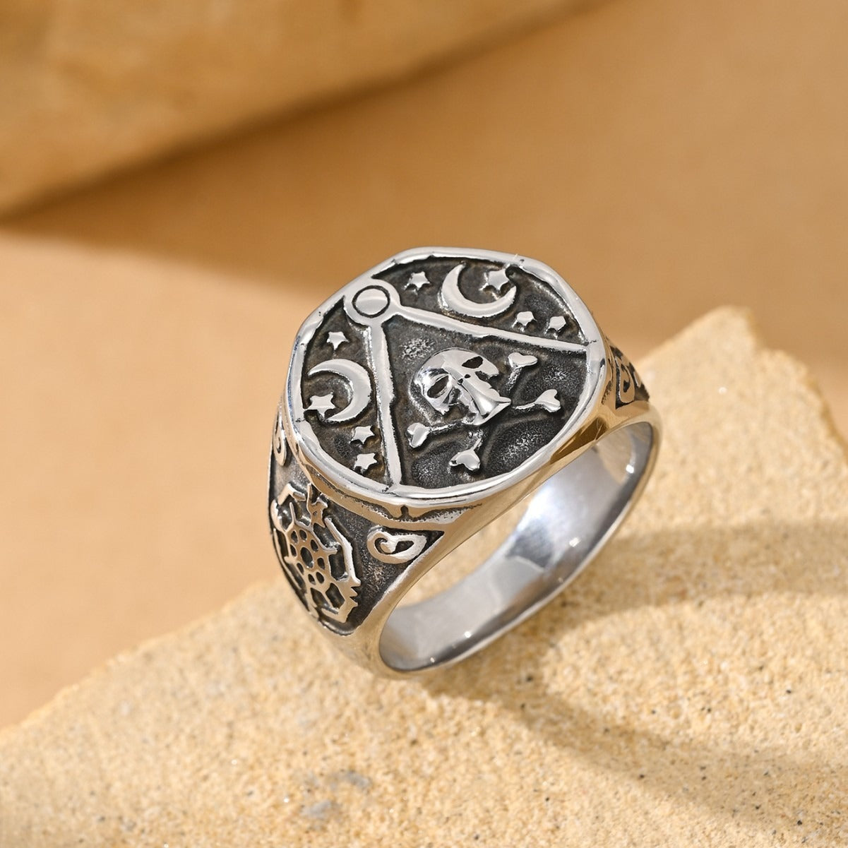 Kemston Pirate Skull Crossbones Ring for Men Stainless Steel Moon Star Vintage TR0529