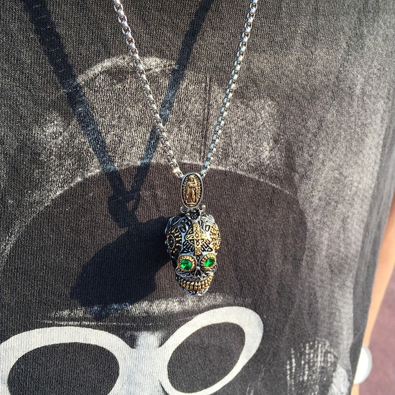 Kemstone Stainless Steel Skull Pendant Necklace for Men with Green Crystal Eyes Punk Style PN-1158