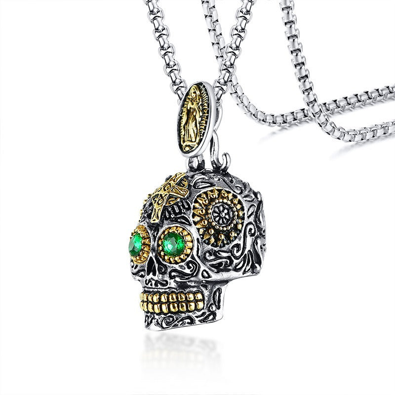Kemstone Stainless Steel Skull Pendant Necklace for Men with Green Crystal Eyes Punk Style PN-1158