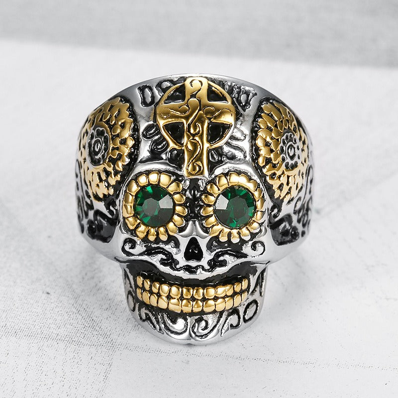 Kemstone Green Stone Skull Ring for Men Stainless Steel Vintage Cross TR0069
