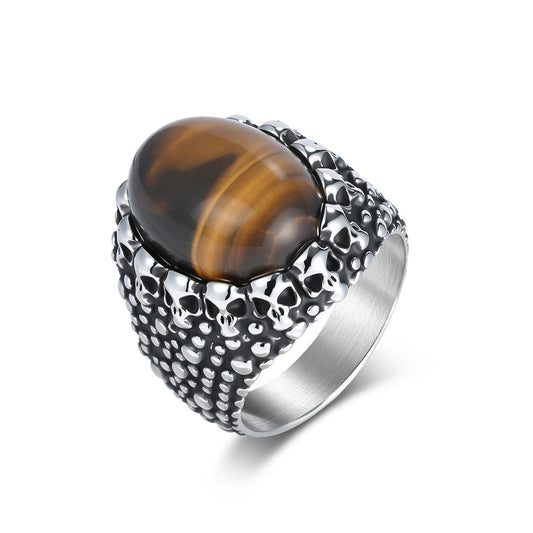 Kemstone Stainless Steel Skull Ring – Tiger Eye & Black Stone Punk Style for Men K-R1111