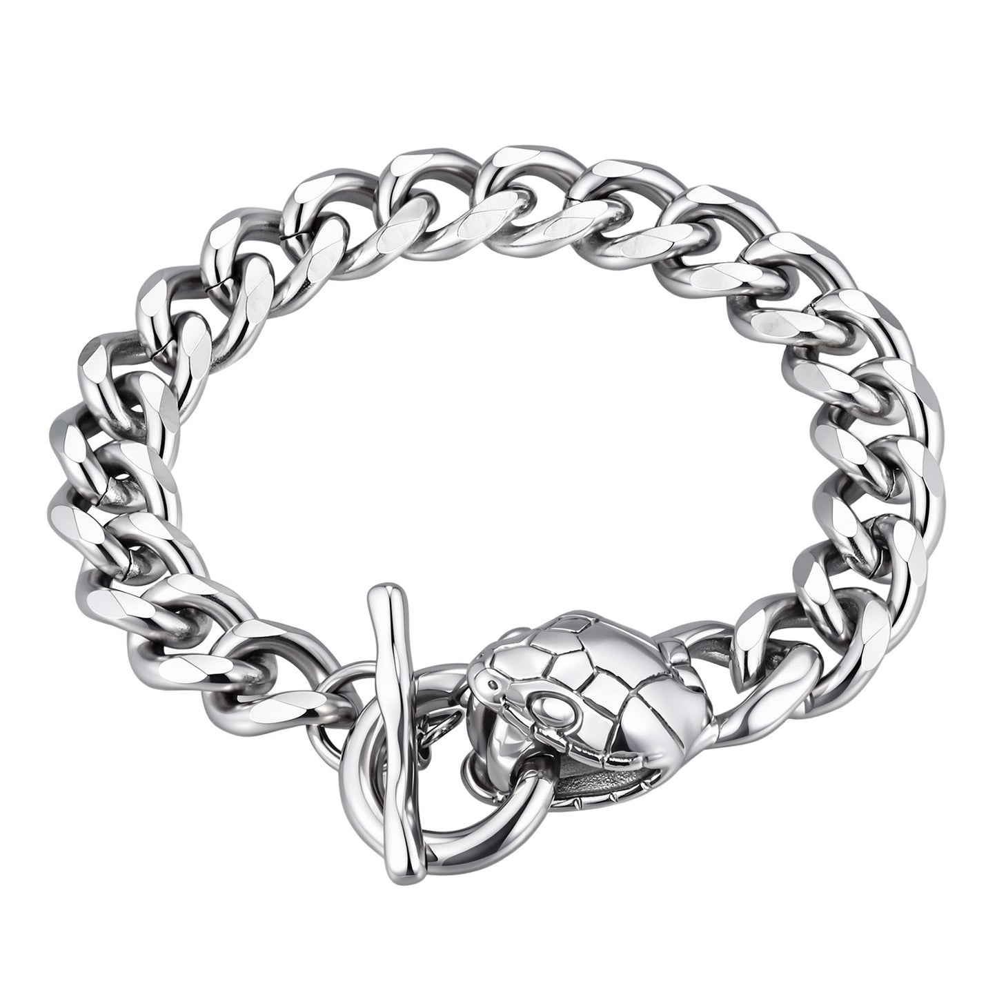 Kemstone Stainless Steel Snake Head Cuban Link Bracelet for Men OT Clasp Silver BR-2810