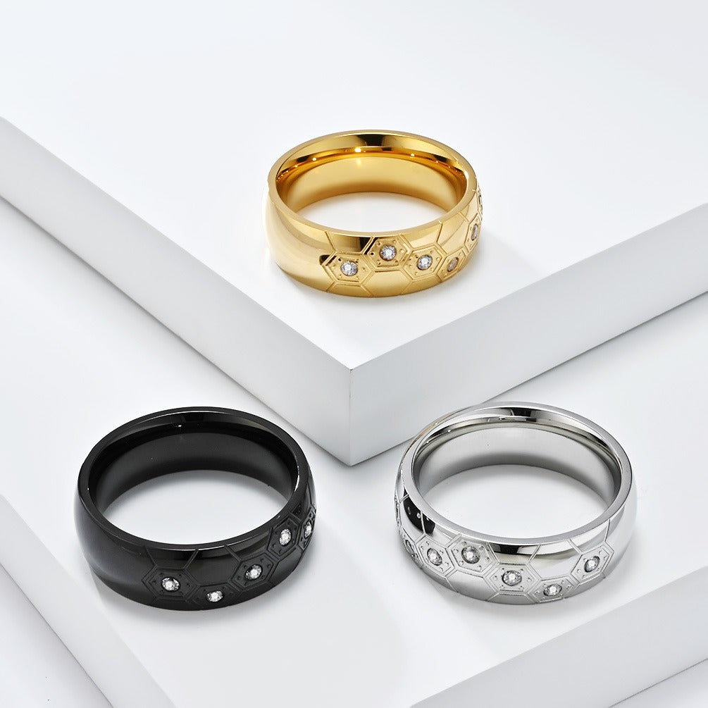 Kemstone Stainless Steel Soccer Inspired Ring for Men Hexagon Design K-R995