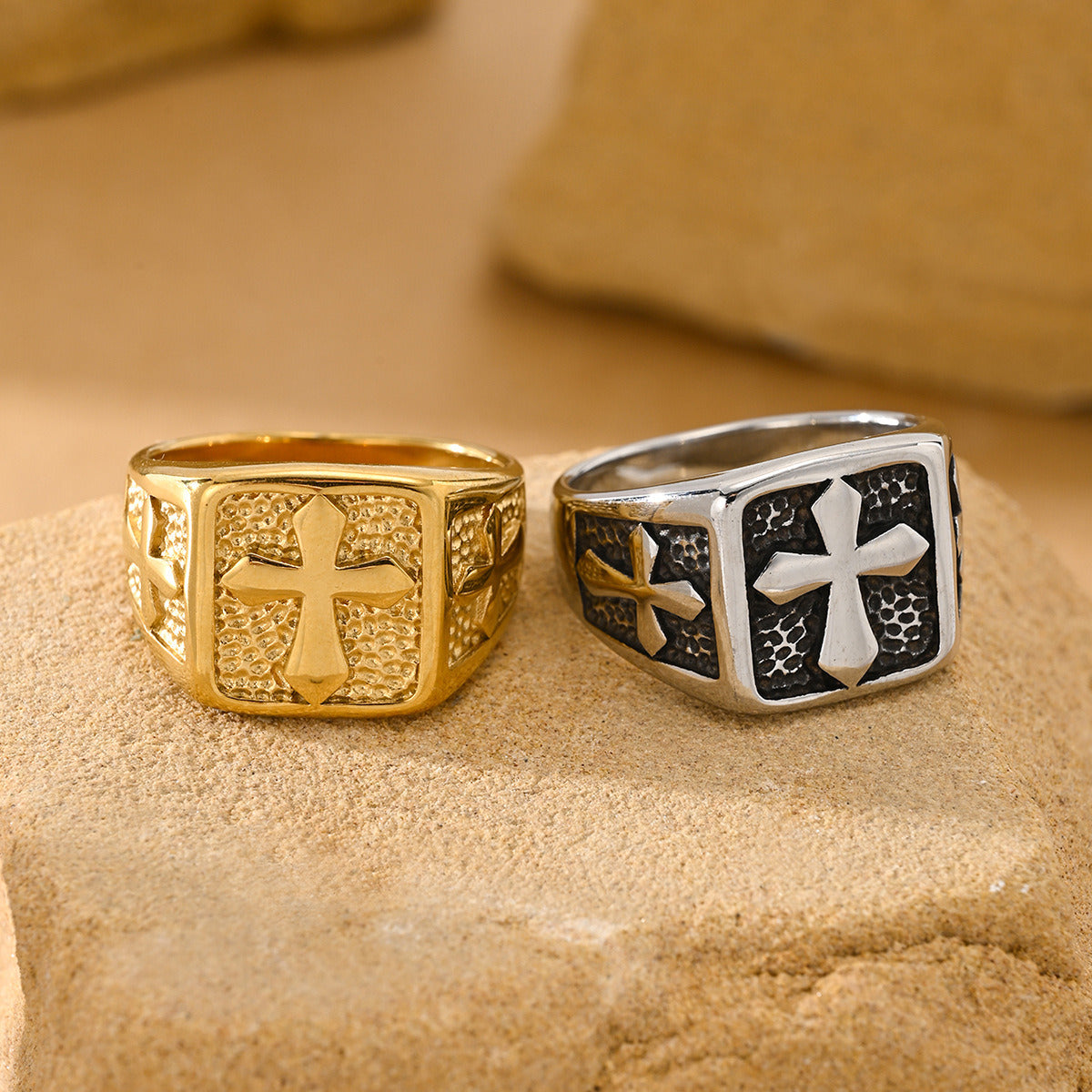 Kemstone Square Cross Signet Ring for Men Stainless Steel Vintage TR0532