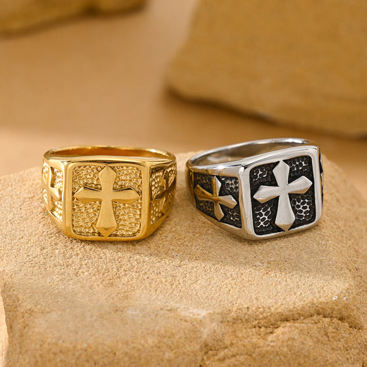 Kemstone Square Cross Signet Ring for Men Stainless Steel Vintage TR0532