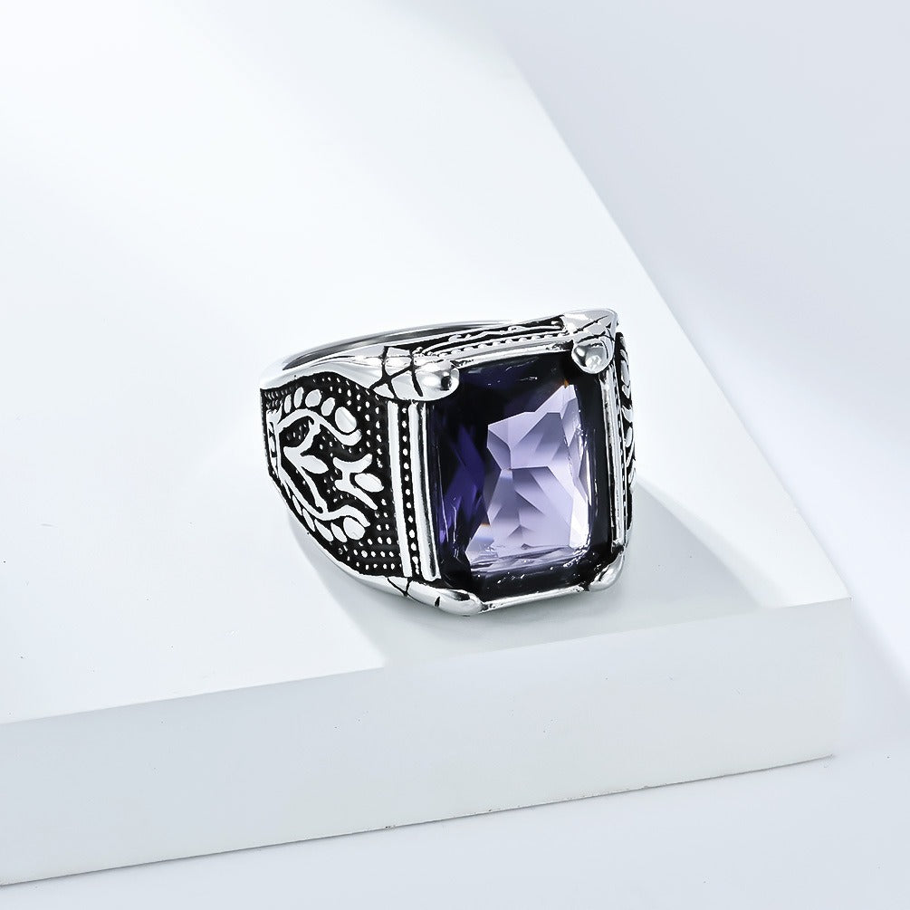 Kemstone Men’s Stainless Steel Ring – Vintage Tulip Glass Stone K-R1014