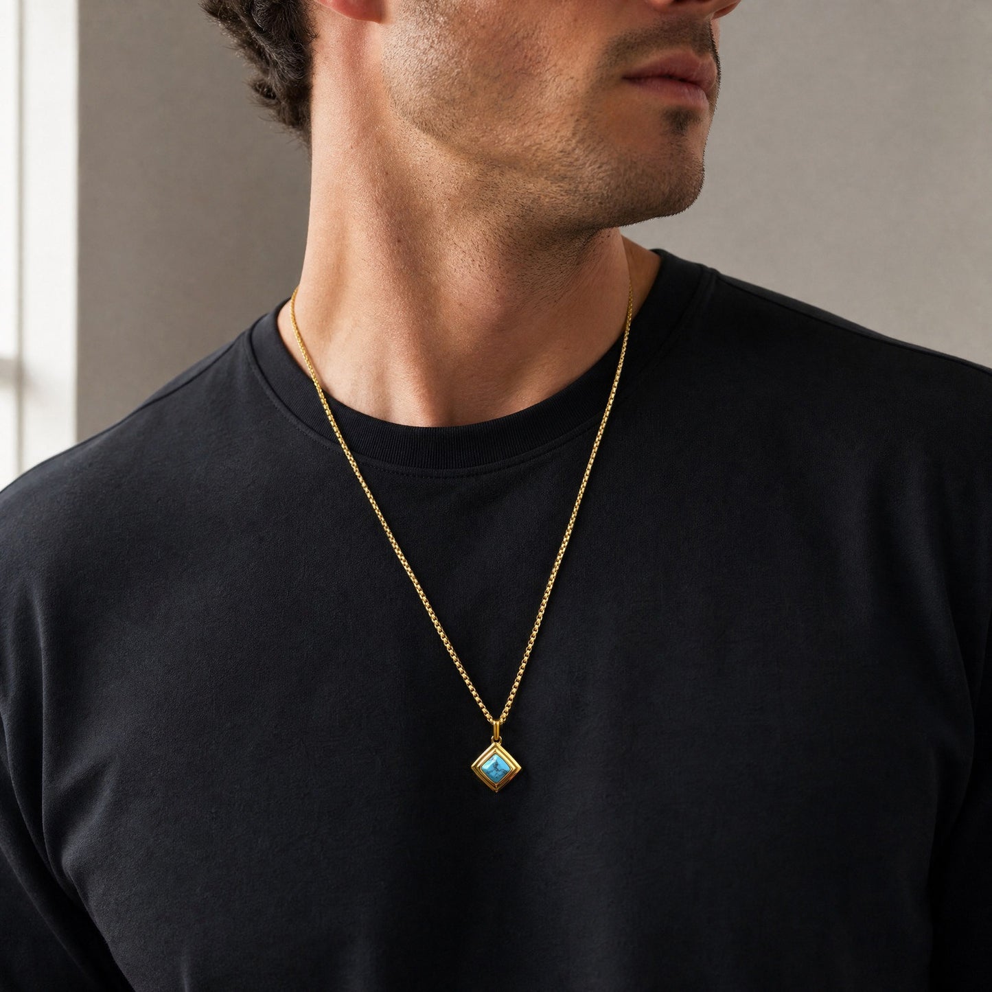 Kemston Tiger Eye Square Pendant Necklace for Men Stainless Steel Geometric Stone Design PN-2436