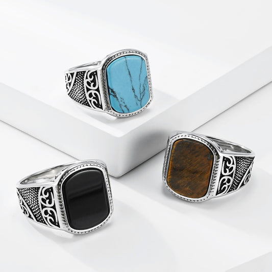 Kemston Vintage Signet Ring for Men Stainless Steel Square Stone Engraved Design K-R1197