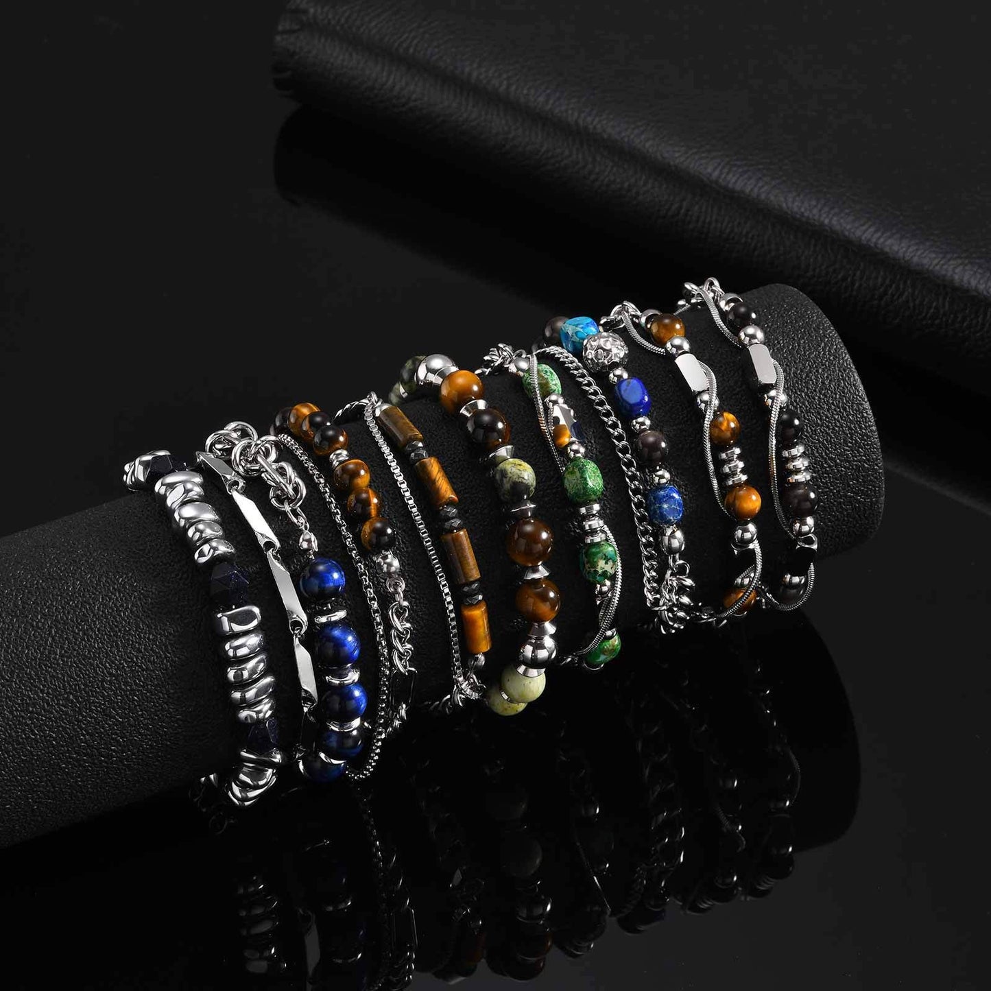 Kemston Stone Bead Bracelet for Men Stainless Steel Layered Design BR-2935